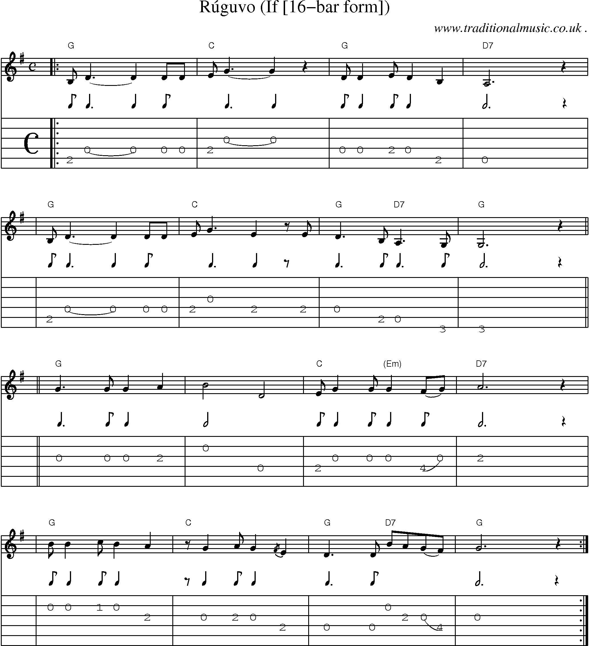 Sheet-music  score, Chords and Guitar Tabs for Ruguvo If [16-bar Form]